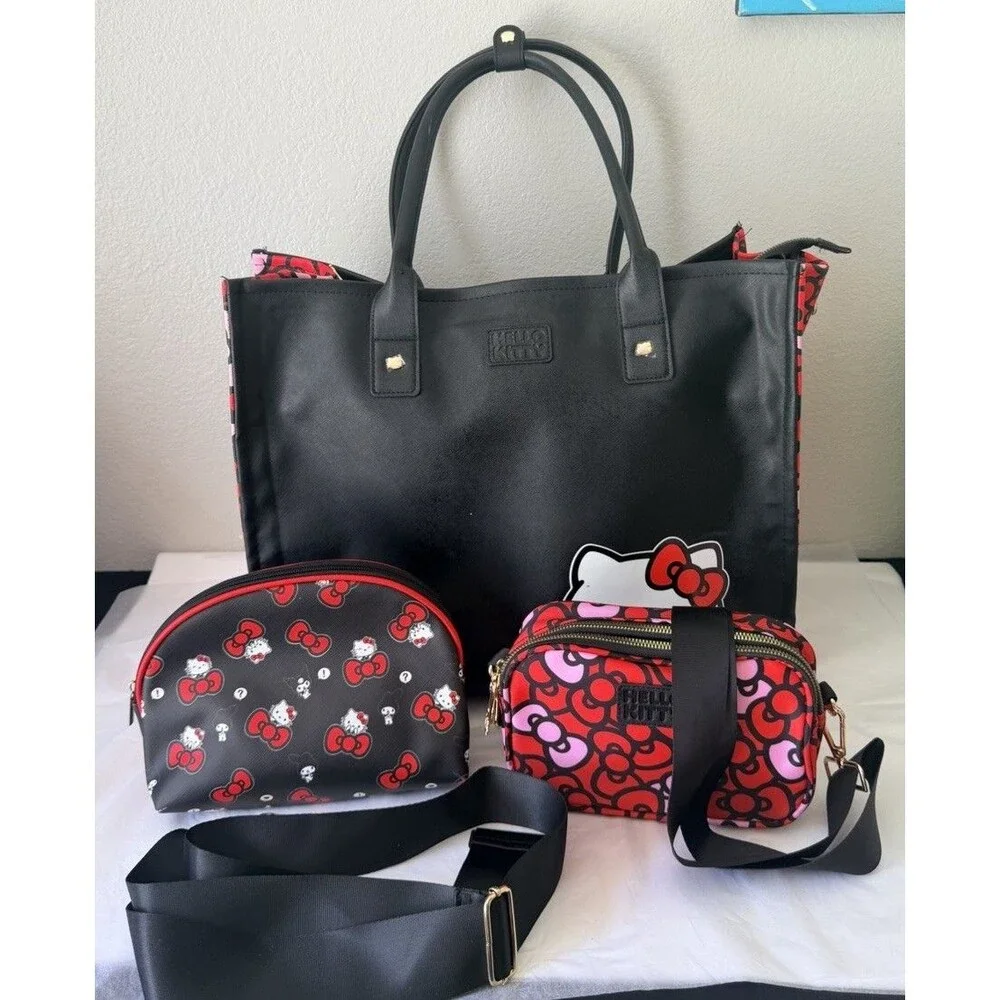 Hello Kitty 3 Piece Bag Set Tote Cosmetic Pouch Crossbody Purse Black Red Sanrio